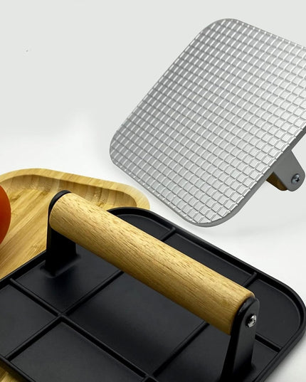 Presa Manuala pentru Carne, din Aliaj de Aluminiu, Maner din Lemn, Presa pentru Burgeri, Usor de Curatat si Folosit, Patrata,Neagra