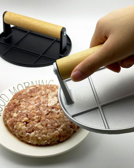 Presa Manuala pentru Carne, din Aliaj de Aluminiu, Maner din Lemn, Presa pentru Burgeri, Usor de Curatat si Folosit, Rotunda,Neagra