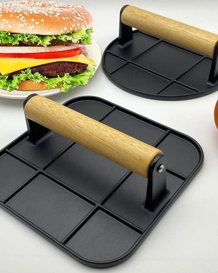 Presa Manuala pentru Carne, din Aliaj de Aluminiu, Maner din Lemn, Presa pentru Burgeri, Usor de Curatat si Folosit, Rotunda,Neagra