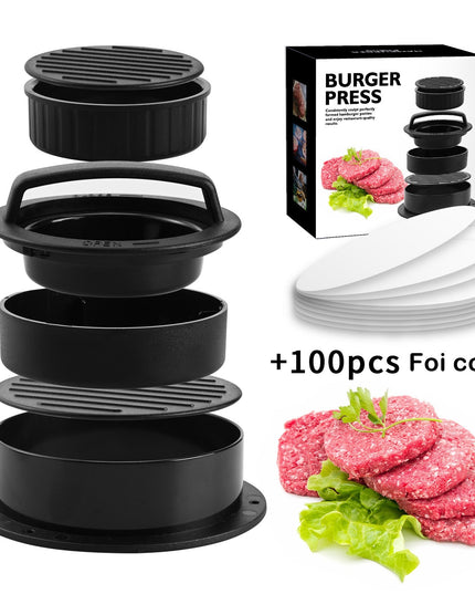 Presa dubla pentru hamburgeri 1, forma si presa, doua dimensiuni, cu maner, usor de curatat si folosit, material ABS, 100 de foi hartie de copt incluse,fara lipire, neagra