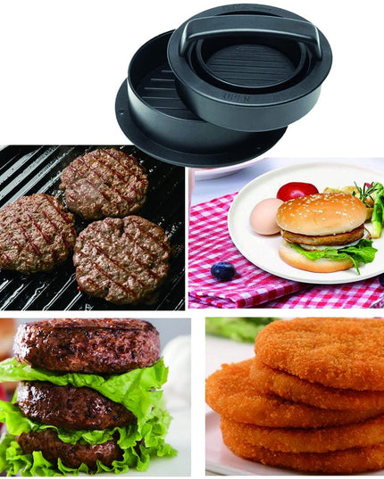 Presa dubla pentru hamburgeri 1, forma si presa, doua dimensiuni, cu maner, usor de curatat si folosit, material ABS, 100 de foi hartie de copt incluse,fara lipire, neagra