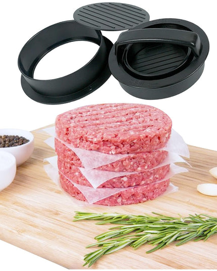 Presa dubla pentru hamburgeri 1, forma si presa, doua dimensiuni, cu maner, usor de curatat si folosit, material ABS, 100 de foi hartie de copt incluse,fara lipire, neagra