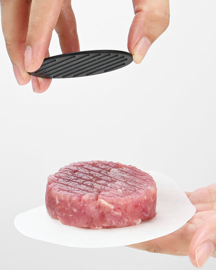 Presa dubla pentru hamburgeri 1, forma si presa, doua dimensiuni, cu maner, usor de curatat si folosit, material ABS, 100 de foi hartie de copt incluse,fara lipire, neagra