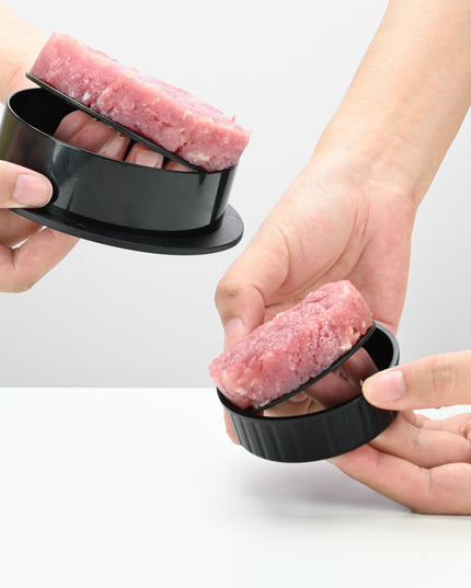 Presa dubla pentru hamburgeri 1, forma si presa, doua dimensiuni, cu maner, usor de curatat si folosit, material ABS, 100 de foi hartie de copt incluse,fara lipire, neagra