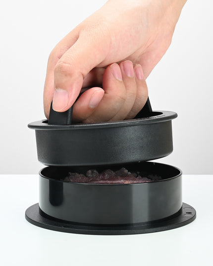 Presa dubla pentru hamburgeri 1, forma si presa, doua dimensiuni, cu maner, usor de curatat si folosit, material ABS, 100 de foi hartie de copt incluse,fara lipire, neagra