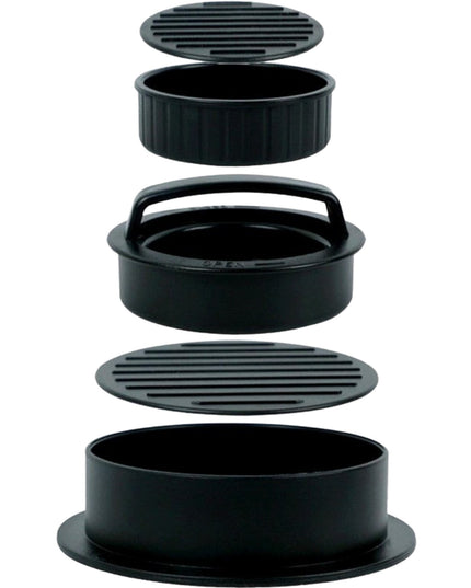 Presa dubla pentru hamburgeri 1, forma si presa, doua dimensiuni, cu maner, usor de curatat si folosit, material ABS, 100 de foi hartie de copt incluse,fara lipire, neagra