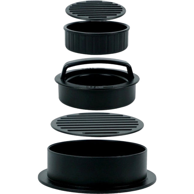 Presa dubla pentru hamburgeri 1, forma si presa, doua dimensiuni, cu maner, usor de curatat si folosit, material ABS, 100 de foi hartie de copt incluse,fara lipire, neagra