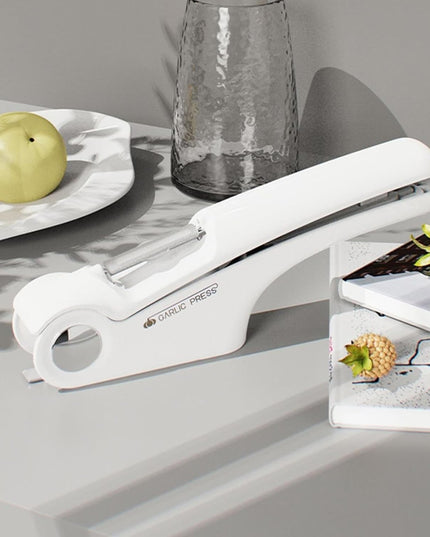 Presa Multifunctionala pentru Usturoi 4in1, Presa, Feliator, Desfacator de Borcane, Curatator Fructe/Legume