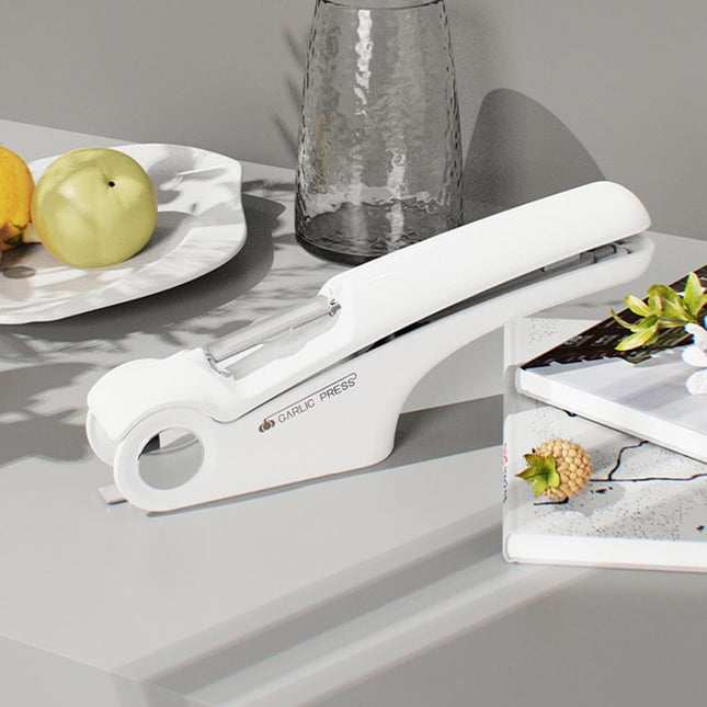 Presa Multifunctionala pentru Usturoi 4in1, Presa, Feliator, Desfacator de Borcane, Curatator Fructe/Legume