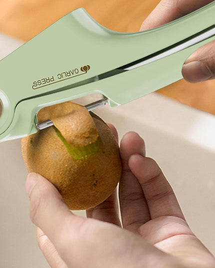 Presa Multifunctionala pentru Usturoi 4in1, Presa, Feliator, Desfacator de Borcane, Curatator Fructe/Legume