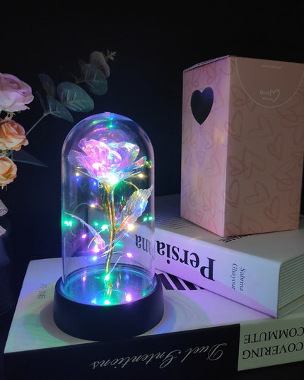 Trandafir in Cupola, cu Lumina Led Multicolora, Baterii, 8.5 x 15 cm