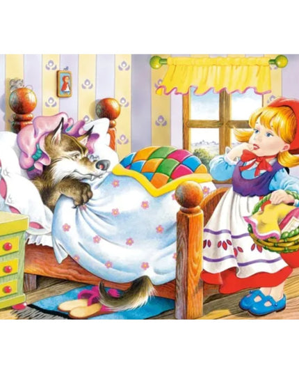 Puzzle 60 de Piese din Lemn in Cutie Metalica, Model Scufita Rosie, Educativ, Dezvoltare Abilitati Cognitive, pentru Prescolari, 22.5x13.5 cm