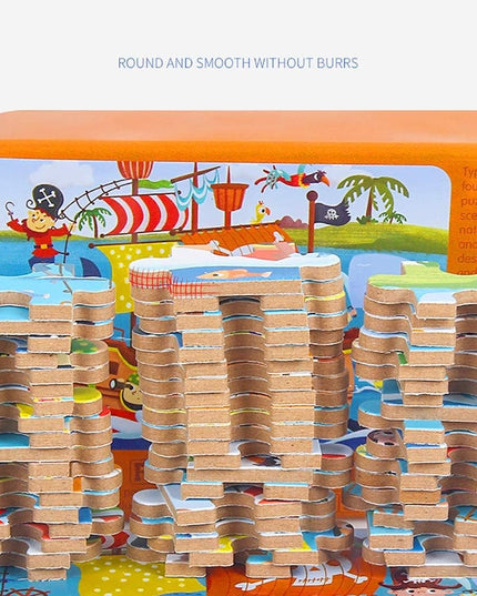 Puzzle 60 de Piese din Lemn in Cutie Metalica, Model Scufita Rosie, Educativ, Dezvoltare Abilitati Cognitive, pentru Prescolari, 22.5x13.5 cm