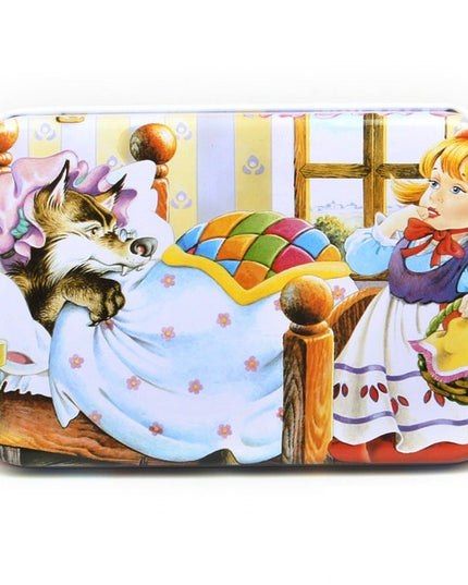 Puzzle 60 de Piese din Lemn in Cutie Metalica, Model Scufita Rosie, Educativ, Dezvoltare Abilitati Cognitive, pentru Prescolari, 22.5x13.5 cm
