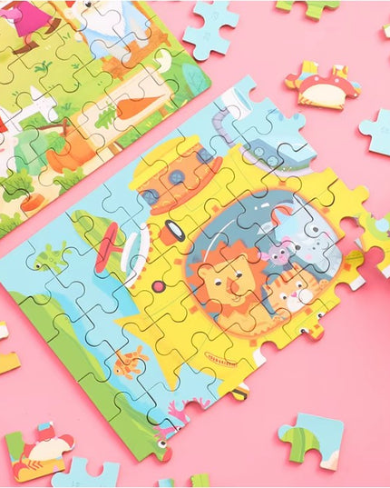 Puzzle 60 de Piese din Lemn in Cutie Metalica, Model Submarin, Educativ, Dezvoltare Abilitati Cognitive, pentru Prescolari, 22.5x13.5 cm