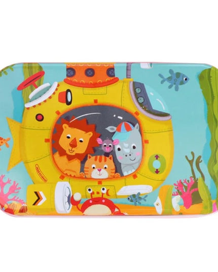 Puzzle 60 de Piese din Lemn in Cutie Metalica, Model Submarin, Educativ, Dezvoltare Abilitati Cognitive, pentru Prescolari, 22.5x13.5 cm