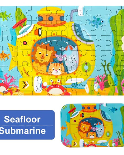 Puzzle 60 de Piese din Lemn in Cutie Metalica, Model Submarin, Educativ, Dezvoltare Abilitati Cognitive, pentru Prescolari, 22.5x13.5 cm