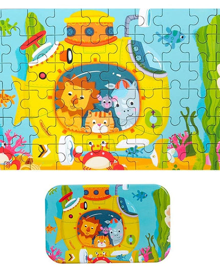 Puzzle 60 de Piese din Lemn in Cutie Metalica, Model Submarin, Educativ, Dezvoltare Abilitati Cognitive, pentru Prescolari, 22.5x13.5 cm