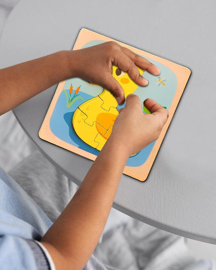 Puzzle Montessori din Lemn pentru Copii, 3D, 0-3 Ani, Model Ratusca, Educativ, Intuitiv, Creativ, 5 Piese, 15x15x0.5 cm