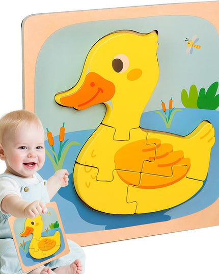 Puzzle Montessori din Lemn pentru Copii, 3D, 0-3 Ani, Model Ratusca, Educativ, Intuitiv, Creativ, 5 Piese, 15x15x0.5 cm