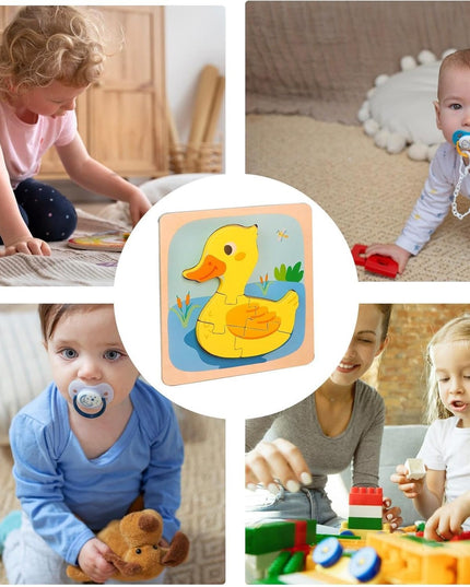 Puzzle Montessori din Lemn pentru Copii, 3D, 0-3 Ani, Model Ratusca, Educativ, Intuitiv, Creativ, 5 Piese, 15x15x0.5 cm