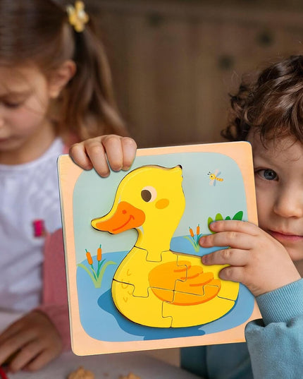 Puzzle Montessori din Lemn pentru Copii, 3D, 0-3 Ani, Model Ratusca, Educativ, Intuitiv, Creativ, 5 Piese, 15x15x0.5 cm