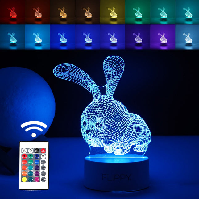 Lampa LED decorativa, 3D, Iepure, cu USB si baterii, inaltime, din material acril, lumina multicolora si telecomanda inclusa