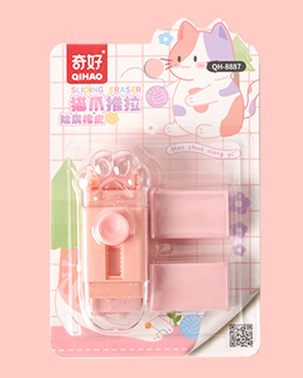 Radiera Retractabila, Model Pisica Push-Pull pentru elevii, Radiera de tip Push, Doua Radiere de Rezerva in