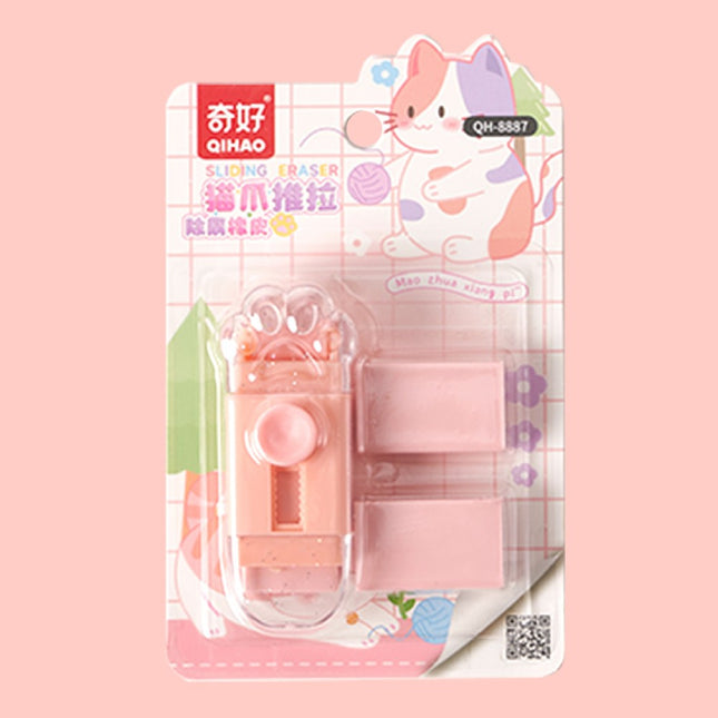 Radiera Retractabila, Model Pisica Push-Pull pentru elevii, Radiera de tip Push, Doua Radiere de Rezerva in