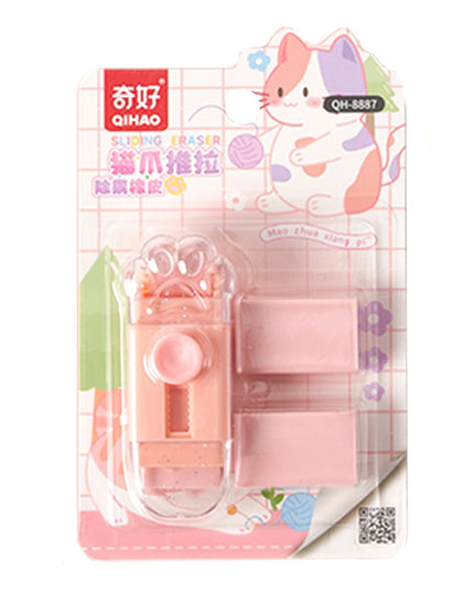 Radiera Retractabila, Model Pisica Push-Pull pentru elevii, Radiera de tip Push, Doua Radiere de Rezerva in