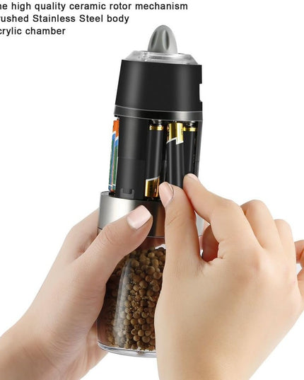 Rasnita Electrica Sare si Piper, cu Camera Depozitare Transparenta, Macinare, Functionare pe Baterii, cu Lumina, ABS