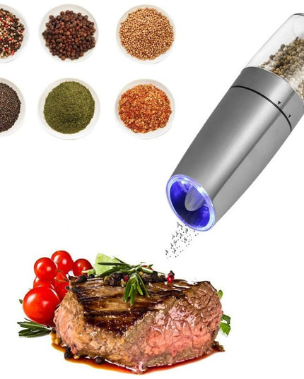 Rasnita Electrica Sare si Piper, cu Camera Depozitare Transparenta, Macinare, Functionare pe Baterii, cu Lumina, ABS