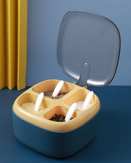 Recipient pentru condimente 4 casute, potrivit pentru sare, cimbru, piper, condimente, 4 lingurite din plastic, capac din plastic, maner