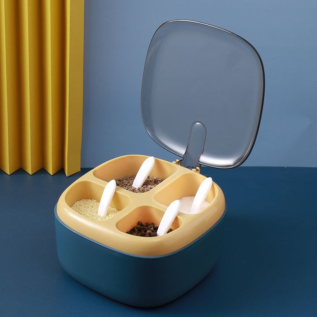 Recipient pentru condimente 4 casute, potrivit pentru sare, cimbru, piper, condimente, 4 lingurite din plastic, capac din plastic, maner