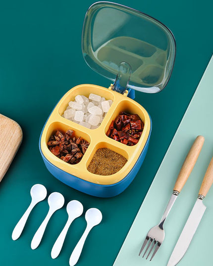 Recipient pentru condimente 4 casute, potrivit pentru sare, cimbru, piper, condimente, 4 lingurite din plastic, capac din plastic, maner