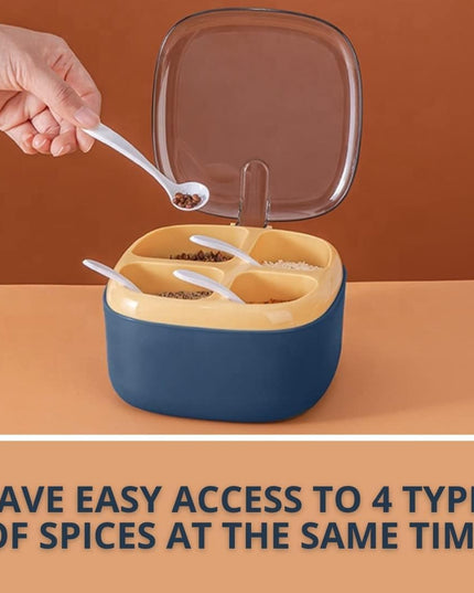 Recipient pentru condimente 4 casute, potrivit pentru sare, cimbru, piper, condimente, 4 lingurite din plastic, capac din plastic, maner