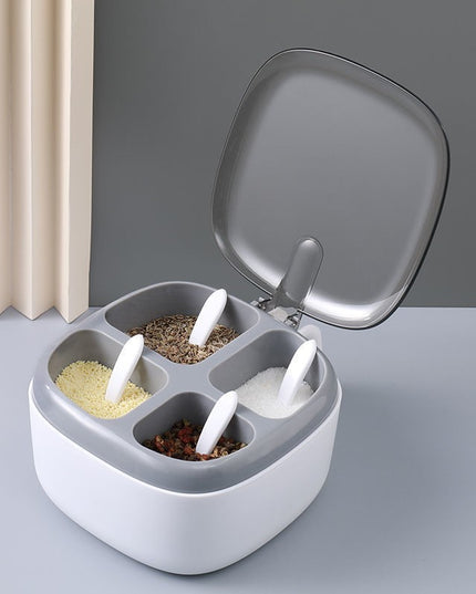 Recipient pentru condimente 4 casute, potrivit pentru sare, cimbru, piper, condimente, 4 lingurite din plastic, capac din plastic, maner
