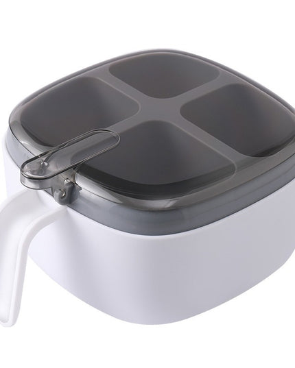 Recipient pentru condimente 4 casute, potrivit pentru sare, cimbru, piper, condimente, 4 lingurite din plastic, capac din plastic, maner
