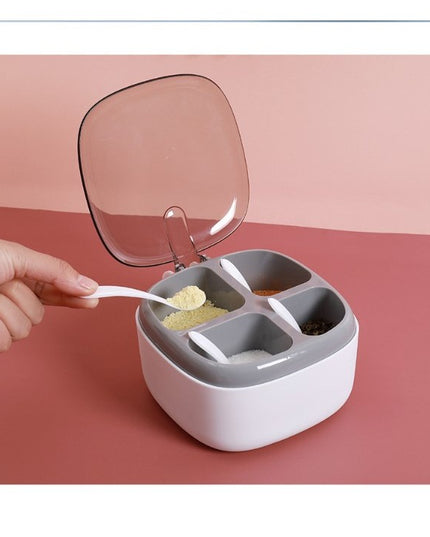 Recipient pentru condimente 4 casute, potrivit pentru sare, cimbru, piper, condimente, 4 lingurite din plastic, capac din plastic, maner