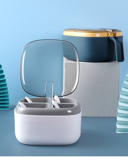 Recipient pentru condimente 4 casute, potrivit pentru sare, cimbru, piper, condimente, 4 lingurite din plastic, capac din plastic, maner