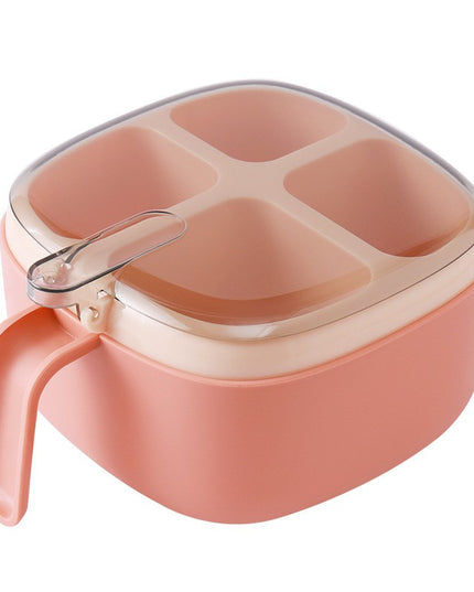 Recipient pentru condimente 4 casute, potrivit pentru sare, cimbru, piper, condimente, 4 lingurite din plastic, capac din plastic, maner