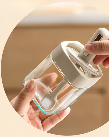 Recipient pentru Depozitarea Condimentelor, Borcan din Sticla, Capac si Lingura Incorporate, Uz Casnic, 300 ml