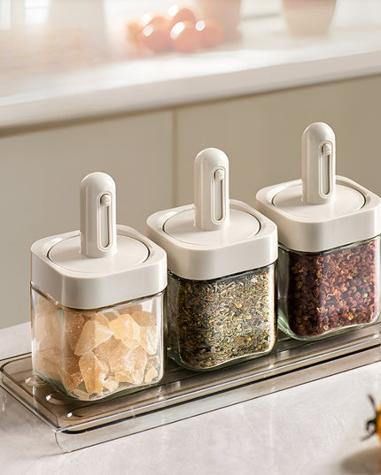 Recipient pentru Depozitarea Condimentelor, Borcan din Sticla, Capac si Lingura Incorporate, Uz Casnic, 300 ml