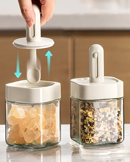 Recipient pentru Depozitarea Condimentelor, Borcan din Sticla, Capac si Lingura Incorporate, Uz Casnic, 300 ml