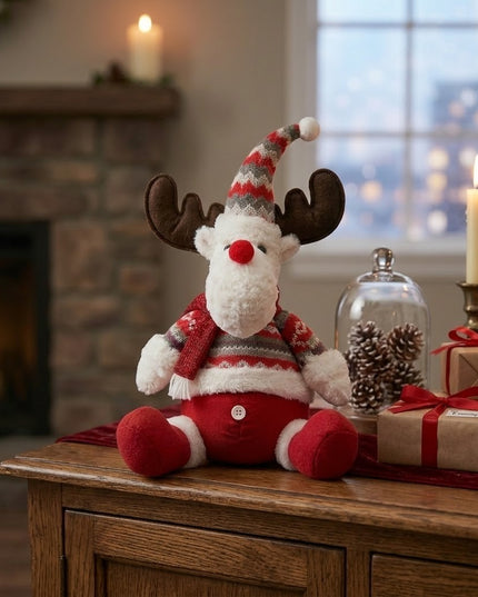 Ren De Plus Festiv, Ren cu Nas si Pulover, Decoratiune De Craciun, Ornament De Pus Pe Polita Sau Sub Brad, 38 cm