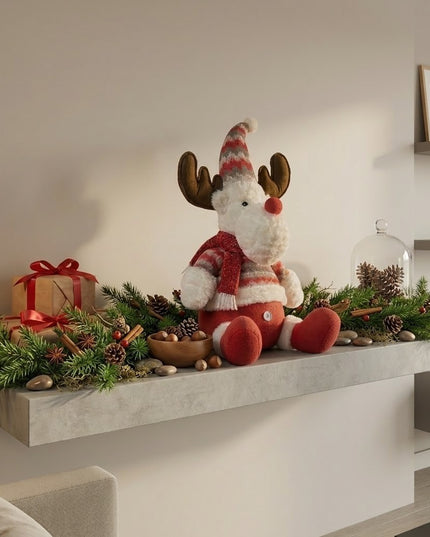 Ren De Plus Festiv, Ren cu Nas si Pulover, Decoratiune De Craciun, Ornament De Pus Pe Polita Sau Sub Brad, 38 cm
