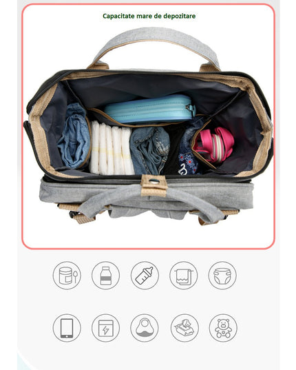 Rucsac Multifunctional pentru Mamici, cu Patut Pliabil si Baza de Schimbat, Rezistent la Apa, Capacitate Mare, Usor, Compartimente Multiple