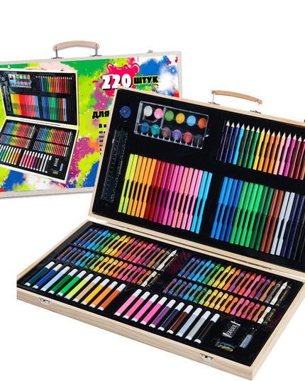 Set 220 Piese pentru Desen si Pictura, Tip Servieta din Lemn, Model Natur, 48 x 30 x 5 cm