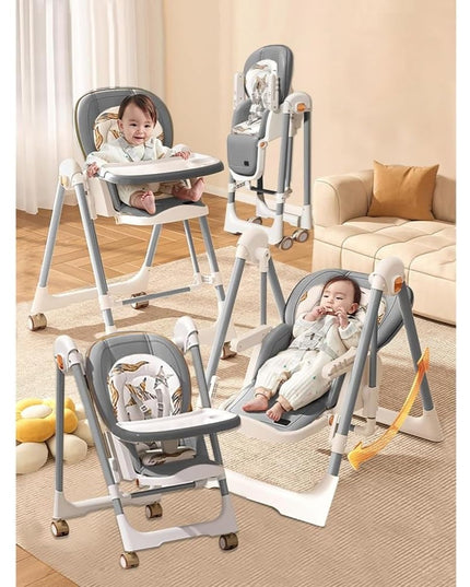 Scaun de Masa 2in1, pentru Copii 6 luni - 4 Ani, Pliabil, cu Roti, Balansoar, Leagan, Reglabil, Tava de Masa Dubla, Centura in 5 Puncte