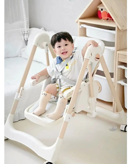 Scaun de Masa 2in1, pentru Copii 6 luni - 4 Ani, Pliabil, cu Roti, Balansoar, Leagan, Reglabil, Tava de Masa Dubla, Centura in 5 Puncte